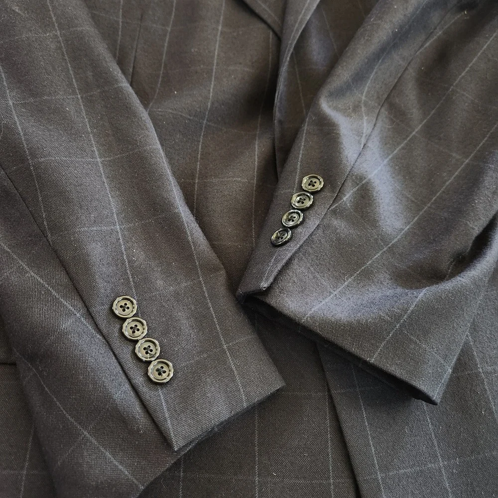 Jos A Bank Blazer Mens 46R Navy Windowpane Wool Sport Coat Jacket Plaid